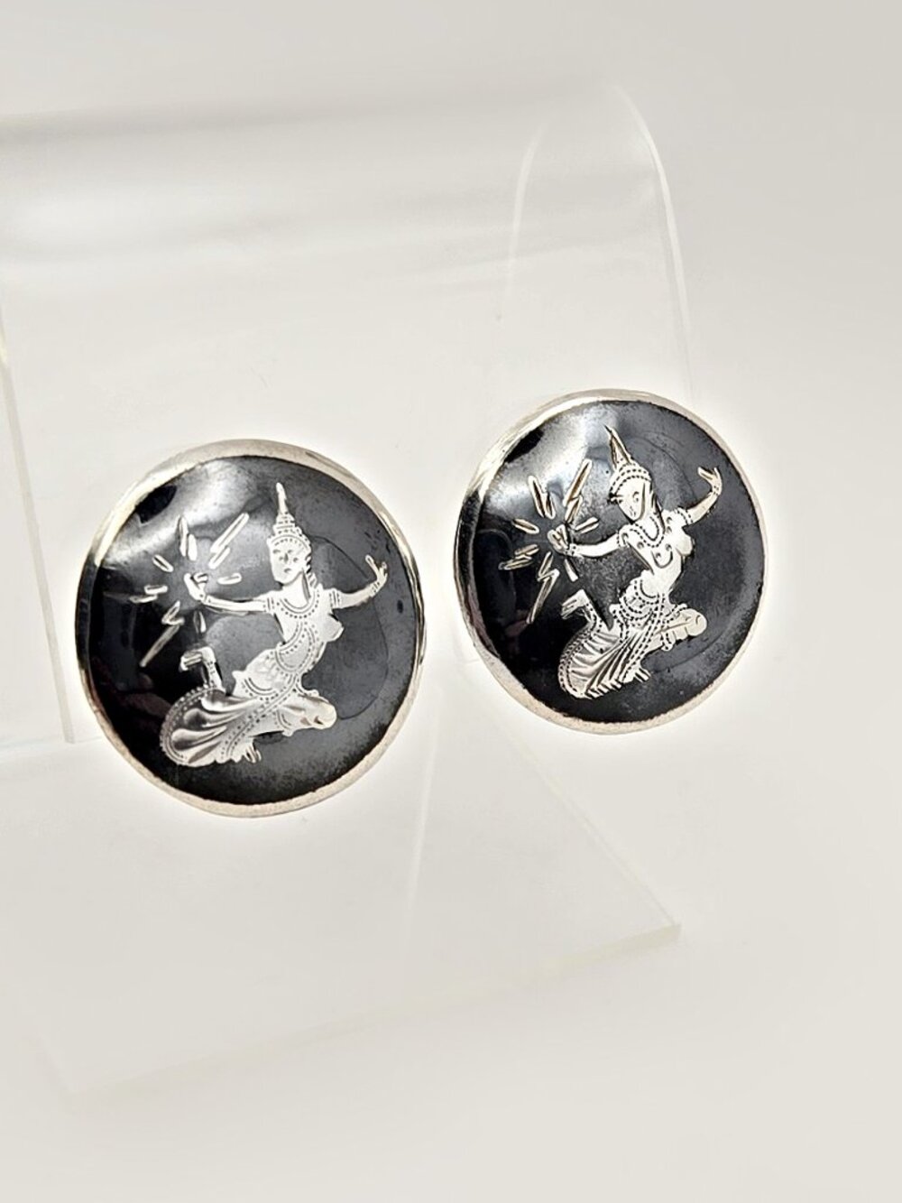 Vintage Siam Sterling Silver Niello Thai Dancer Earrings Screw Back